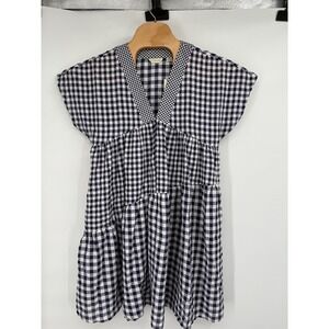 NEW Anthropologie 11 1 TYLHO Navy Blue Gingham Check Swing‎ Dress Cottage Sz S